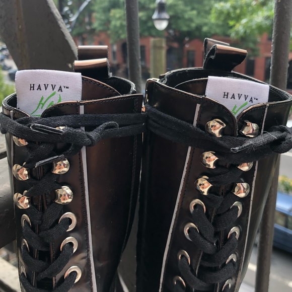 NWOT NWOB Havva Mustafa Metallic Oiled Bronze Black Lace Up Combat Boots - Picture 14 of 16